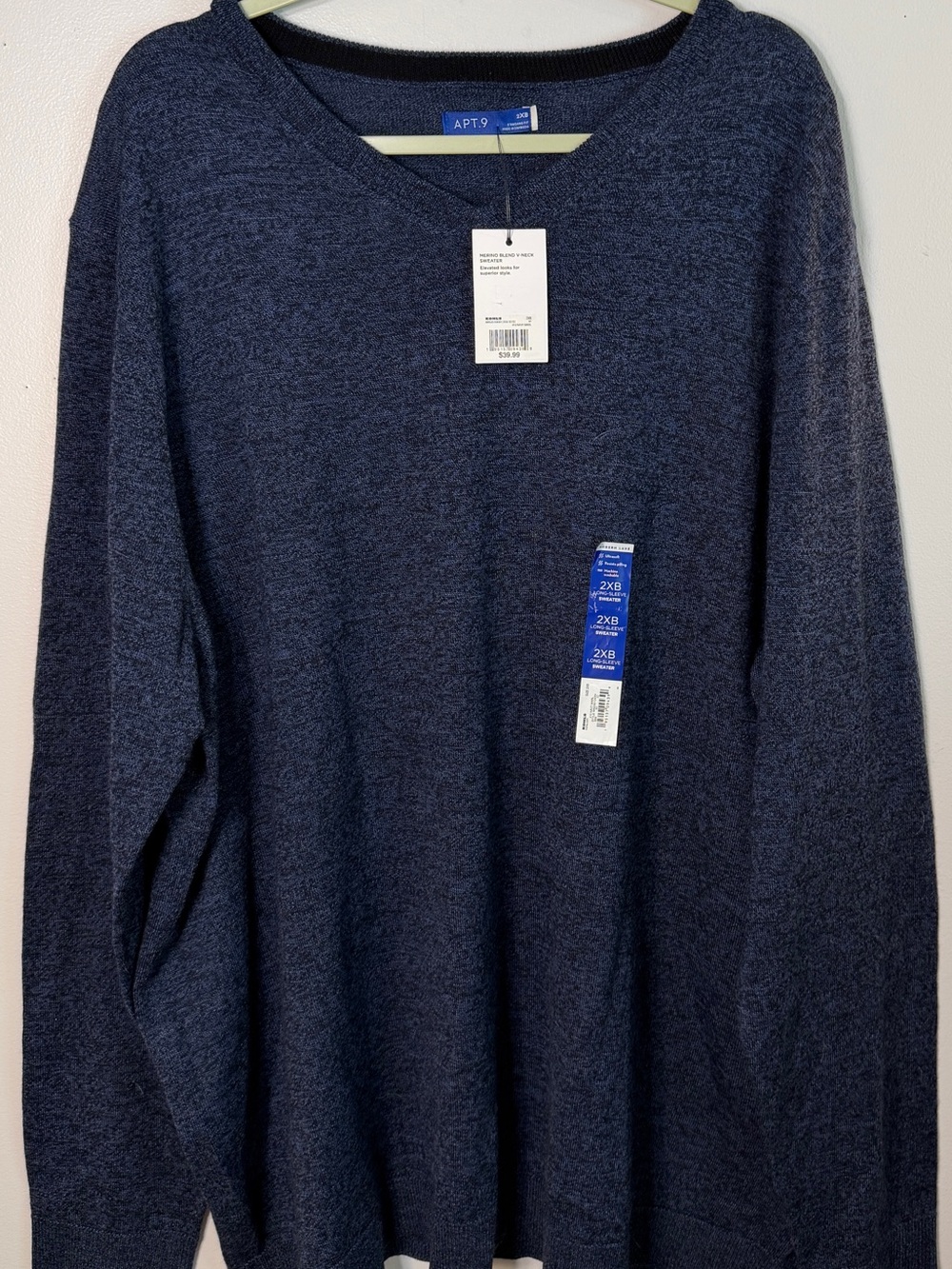 Apt. 9 Men 2XB sweater big & tall Heathered navy merino wool blend Vneck NWTS